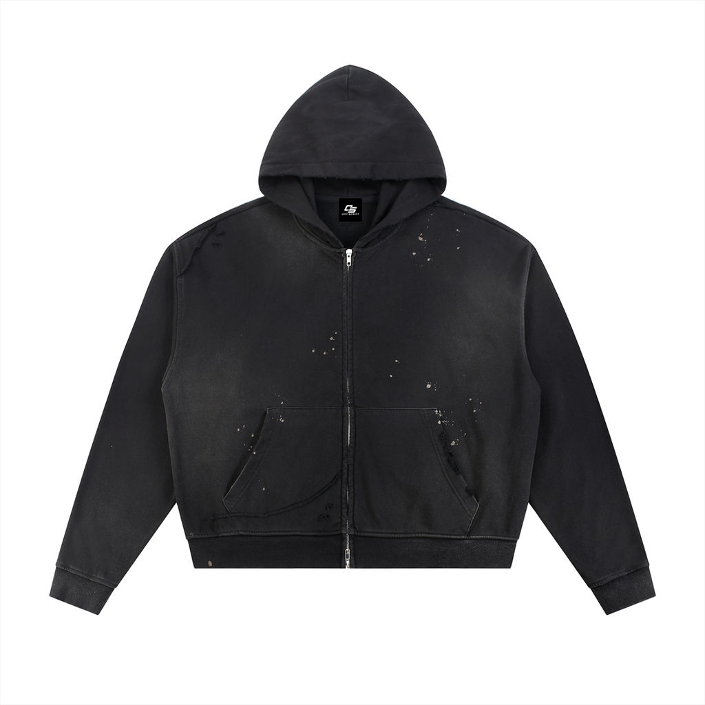 Off Script Gothic Skull Sun Fade Frayed Raw Edge Fleece Zip Hoodie