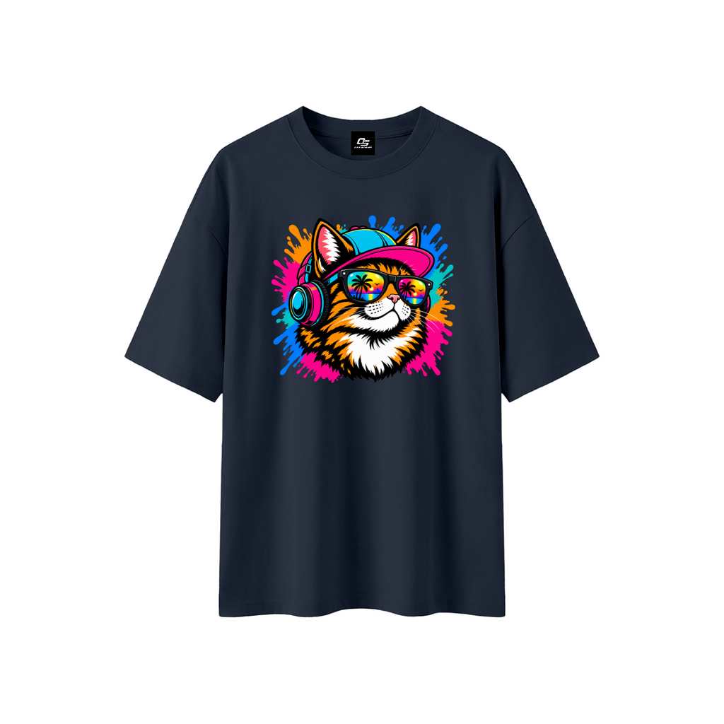 Cool Cat Sunset Headphones Unisex Boxy Oversized T-Shirt – Navy Blue