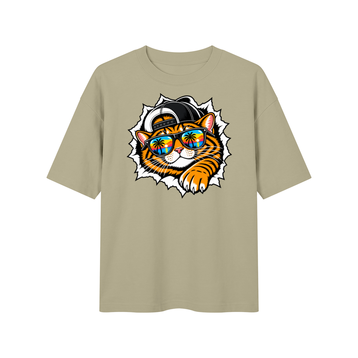 Cool Cat Sunset Sunglasses Unisex Drop Shoulder T-Shirt – Gray Green