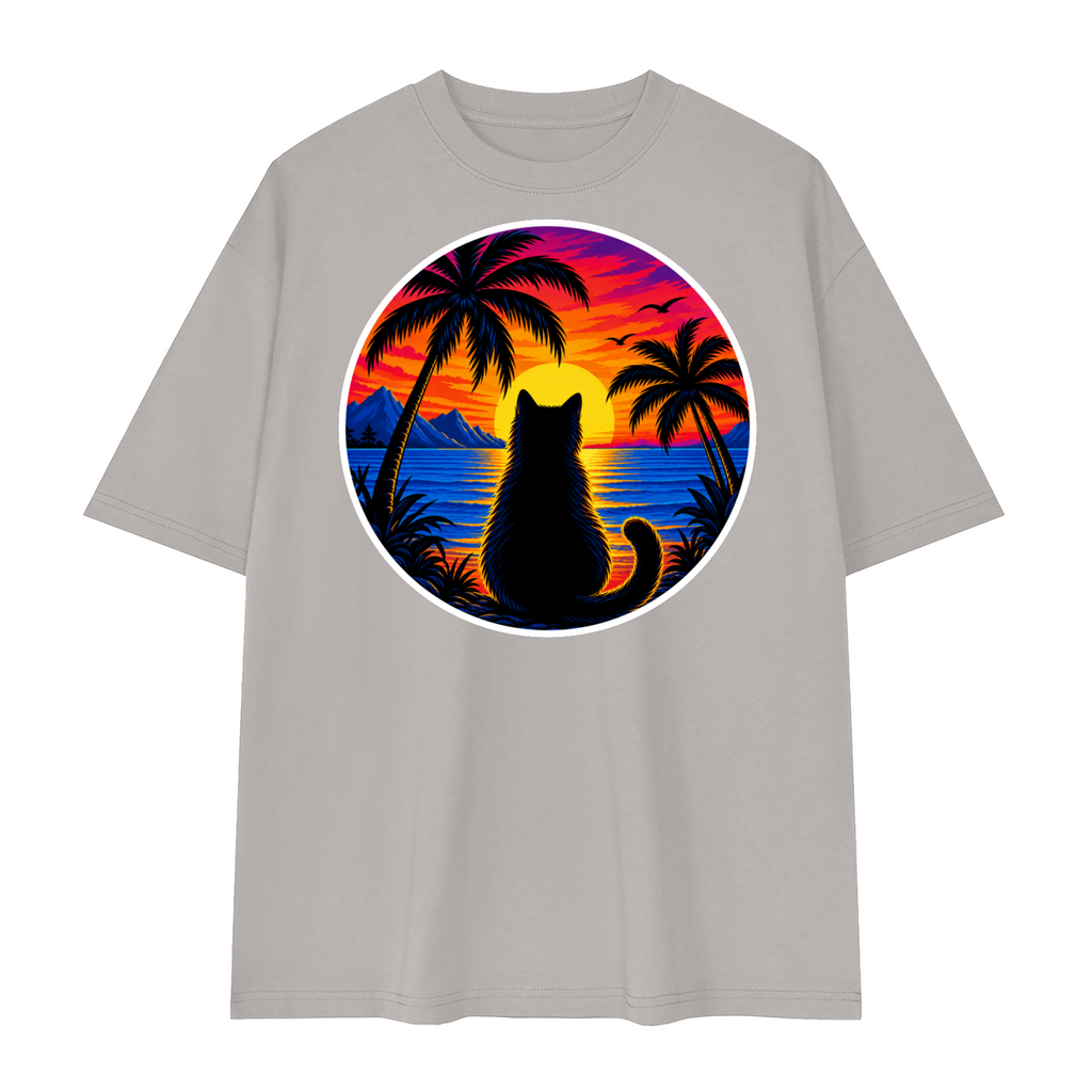 Tropical Sunset Cat Unisex Loose Drop Shoulder T-Shirt – Light Gray