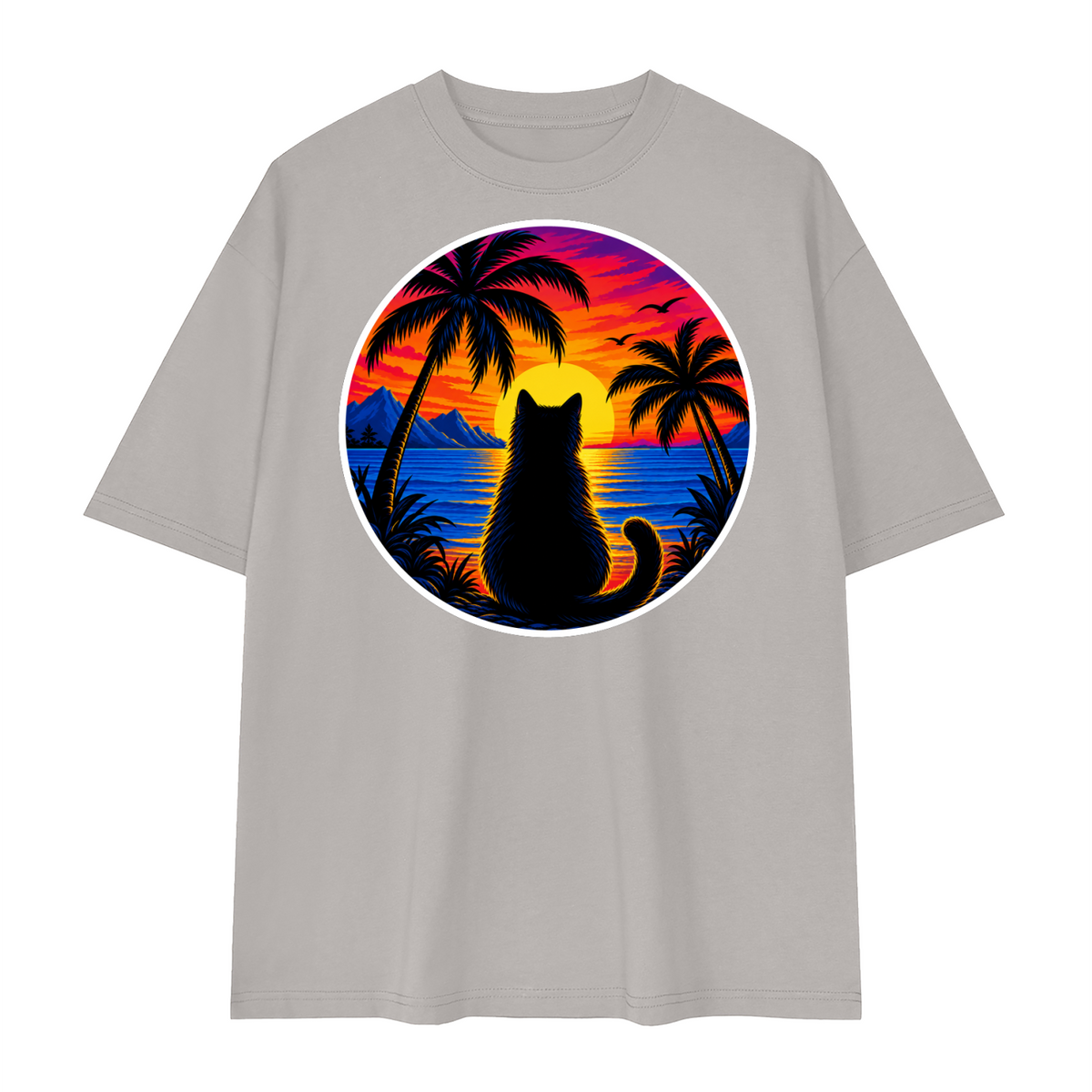 Tropical Sunset Cat Unisex Loose Drop Shoulder T-Shirt – Light Gray