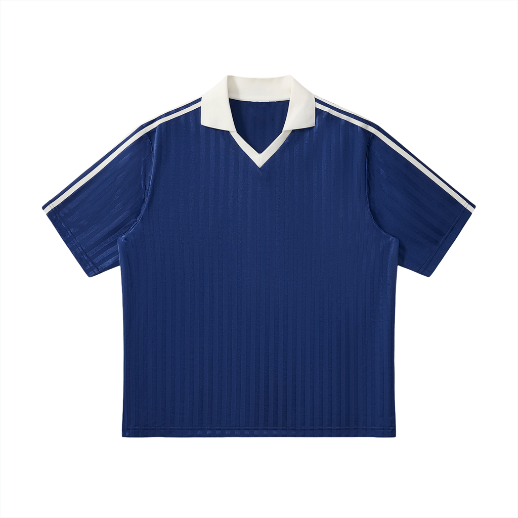 Navy Blue with White Unisex Contrast-Collar Striped Soccer Jersey front view