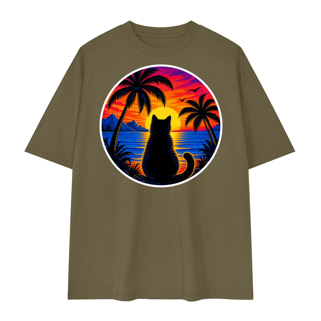 Tropical Sunset Cat Unisex Loose Drop Shoulder T-Shirt – Gray Green