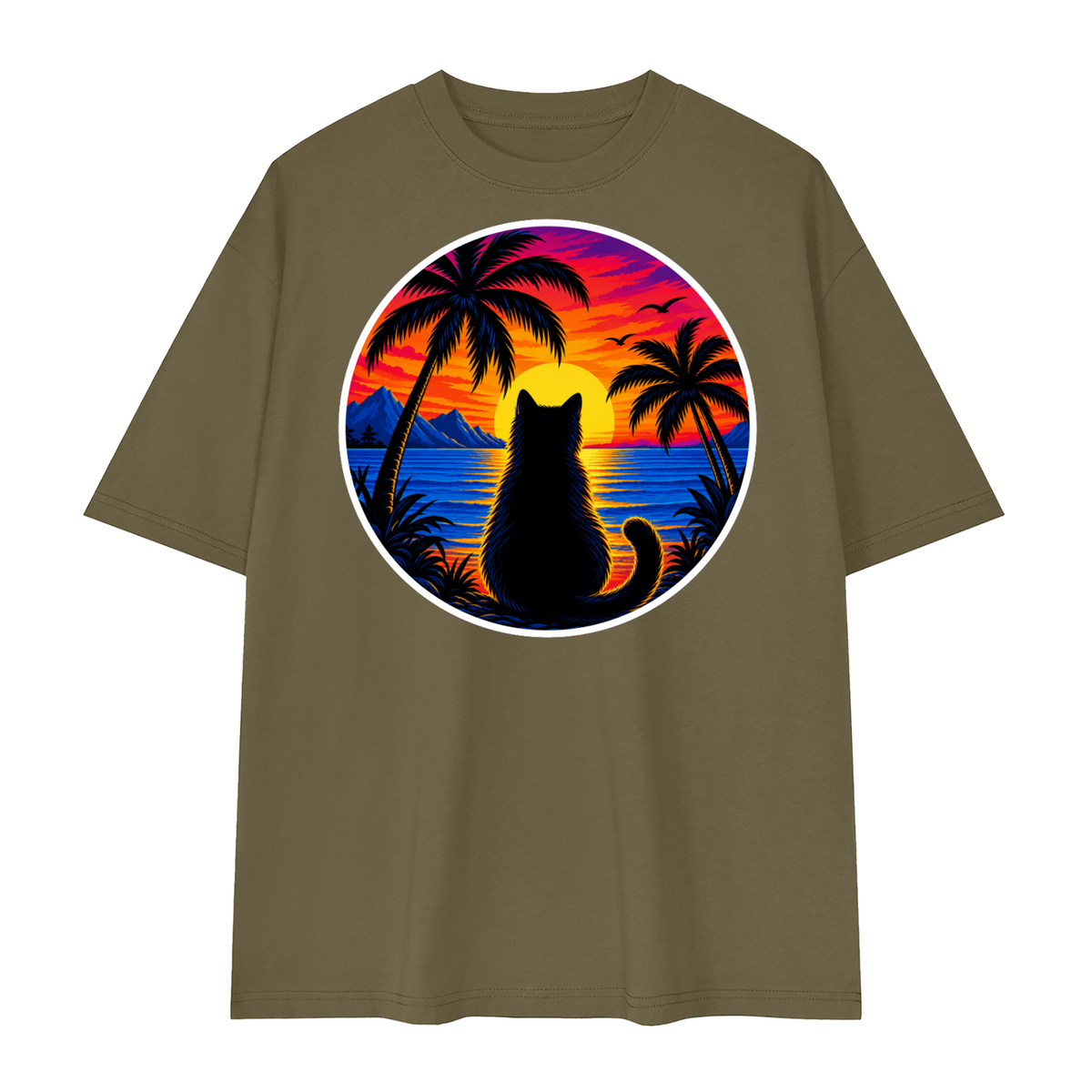 Tropical Sunset Cat Unisex Loose Drop Shoulder T-Shirt – Gray Green