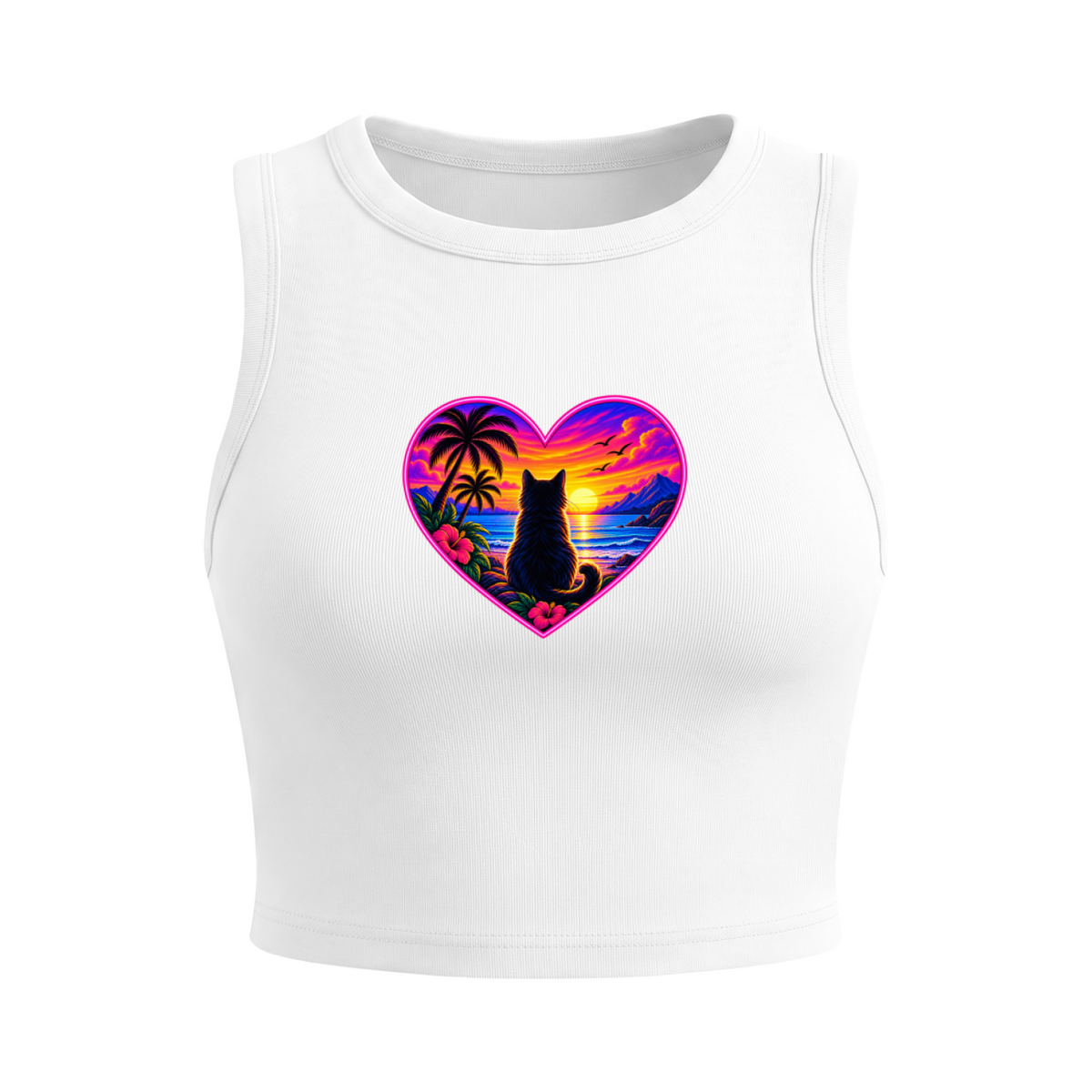 Tropical Sunset Cat Heart Women's Fitted Crop Tank Top - White front mockup