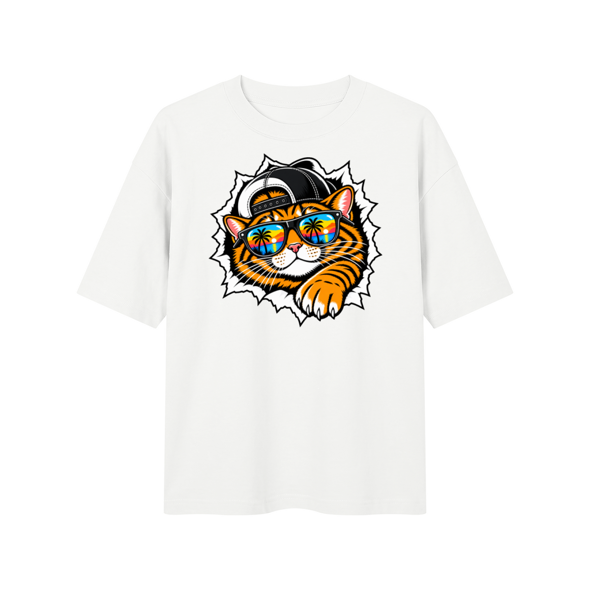 Cool Cat Sunset Sunglasses Unisex Drop Shoulder T-Shirt – White