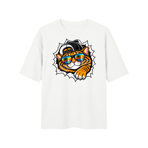 Cool Cat Sunset Sunglasses Unisex Drop Shoulder T-Shirt – White