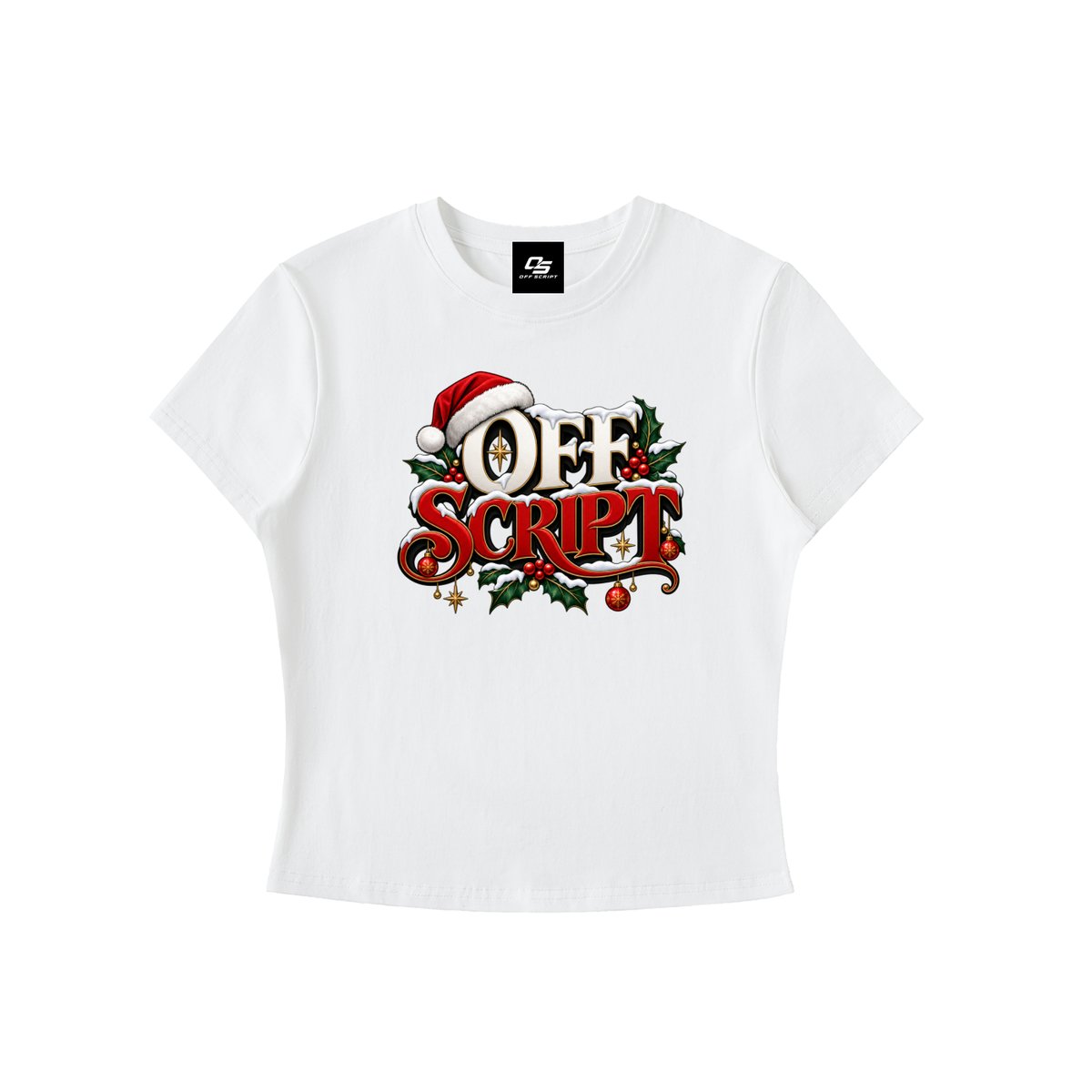 Off Script Christmas Women's Bodycon Graphic T-Shirt – White front, Santa hat and festive Off Script graphic