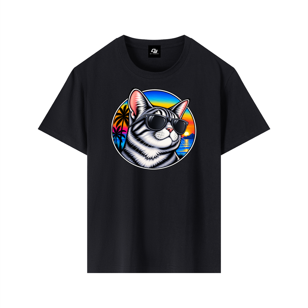Cool Cat Tropical Sunset Pure Cotton Unisex T-Shirt – Classic Black