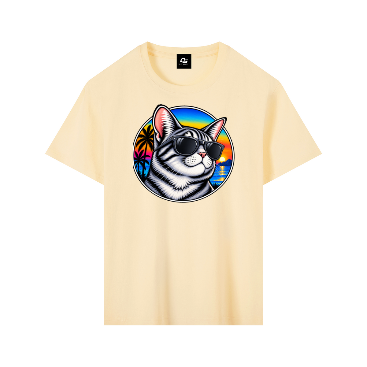 Cool Cat Tropical Sunset Pure Cotton Unisex T-Shirt – Light Apricot