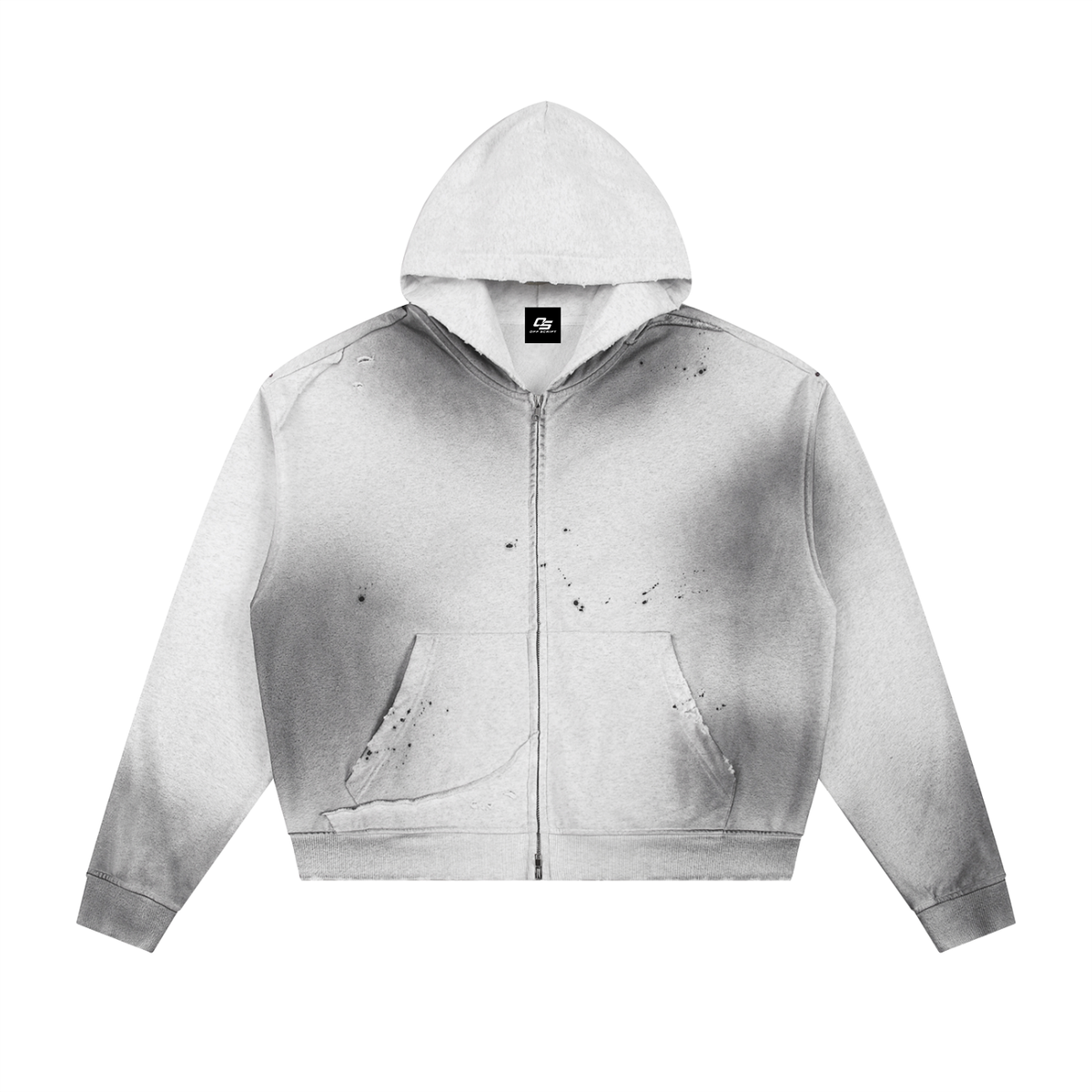 Off Script Gothic Skull Sun Fade Frayed Raw Edge Fleece Zip Hoodie