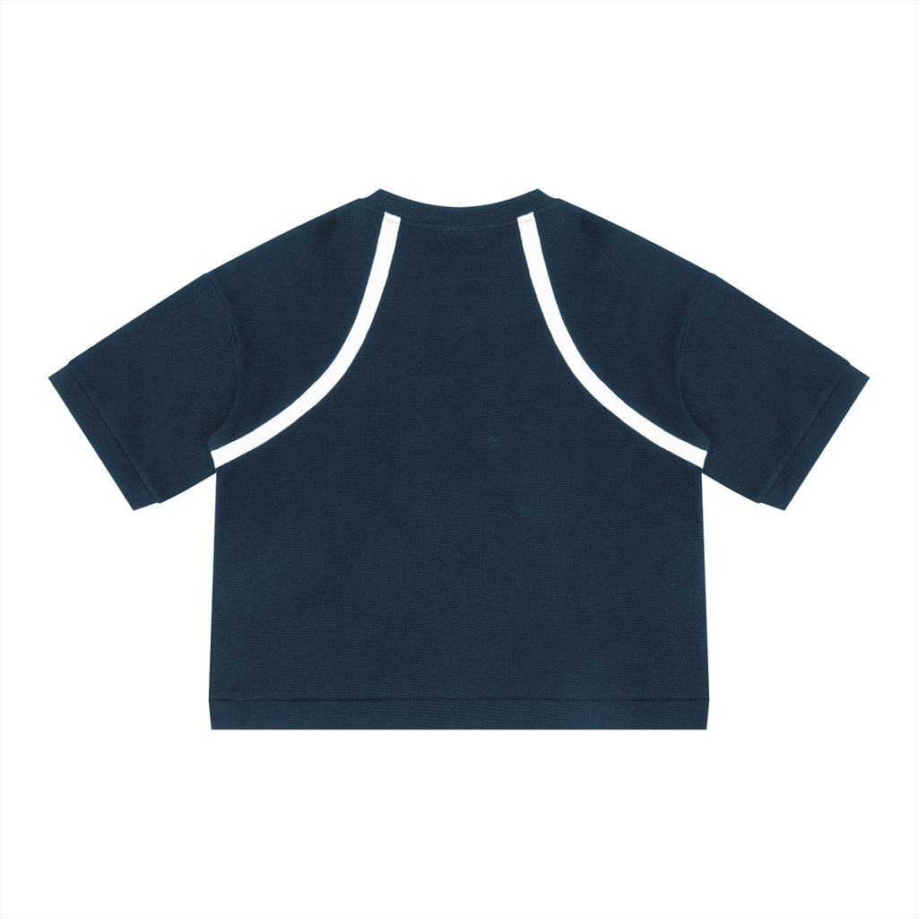 Navy Blue with White Unisex Color Block Waffle Boxy T-Shirt back product view
