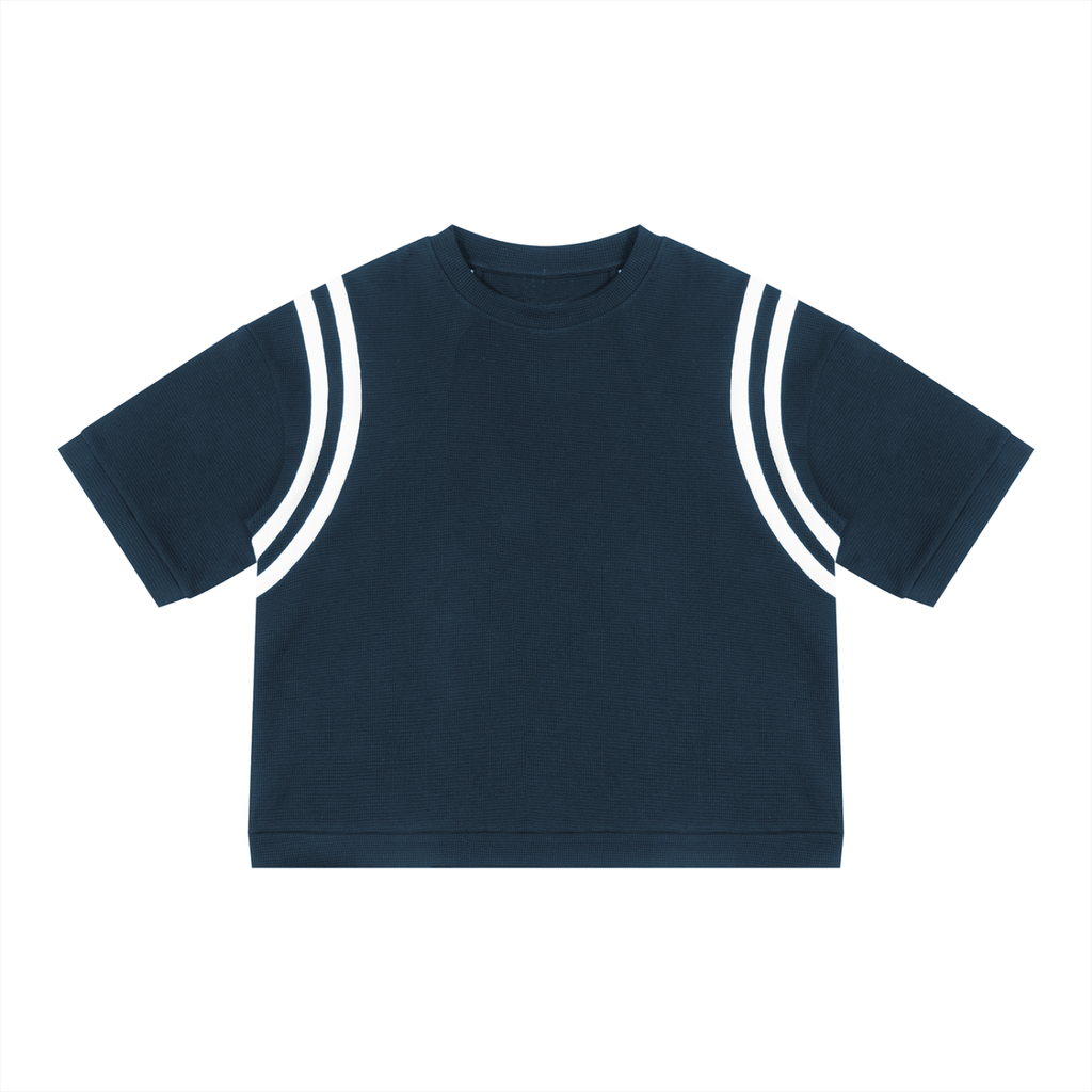 Navy Blue with White Unisex Color Block Waffle Boxy T-Shirt front product view