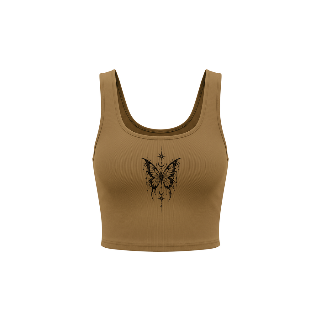 Celestial Butterfly Women’s Cropped Tank Top - Brown front mockup