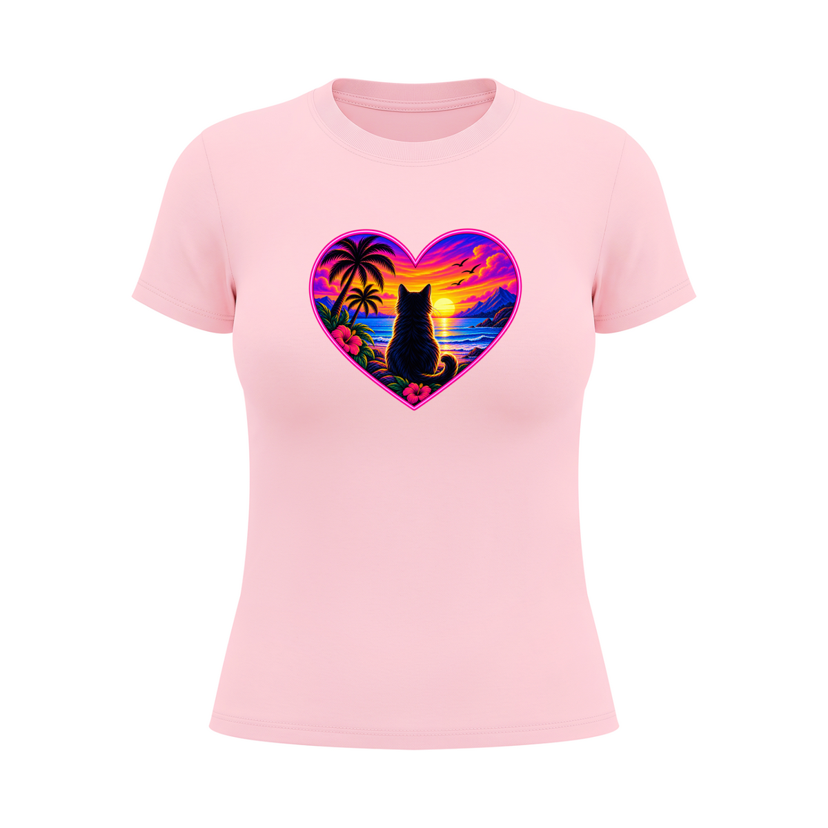Women's Cat Sunset Heart Graphic T-Shirt - Light Pink front mockup