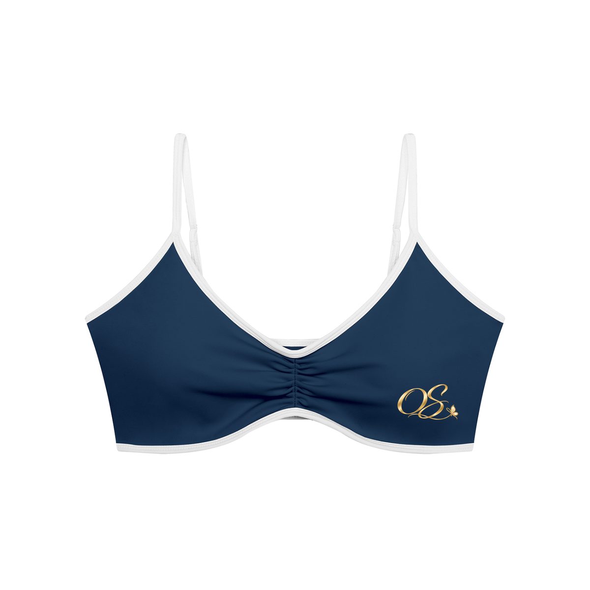 Off Script Women’s Colour-Block Ruched V-Neck Sports Bra - Navy Blue - front mockup