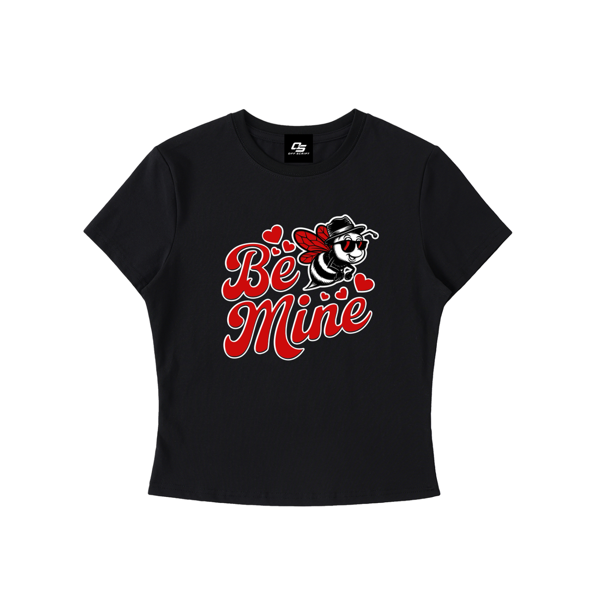 Be Mine women's bodycon graphic T-shirt in Black – front bee wearing sunglasses with red Valentine hearts