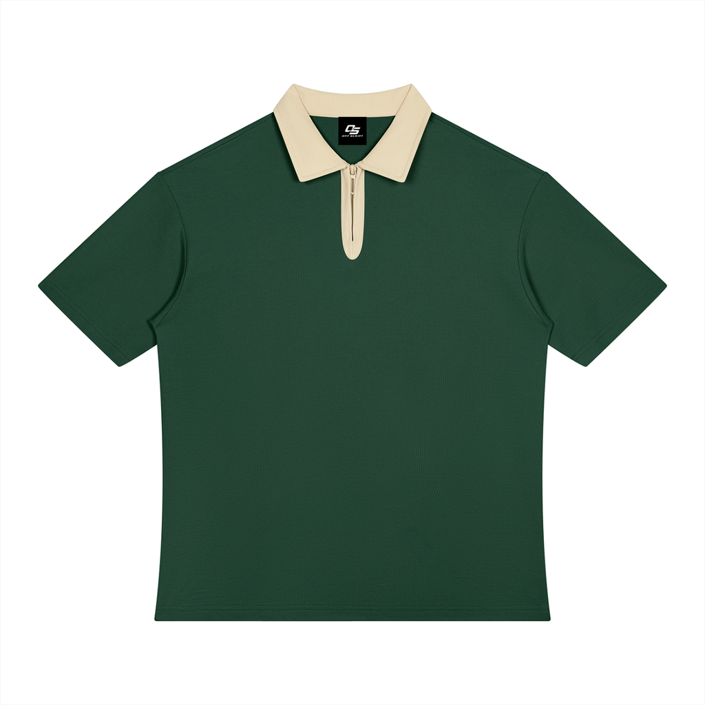 Blackish Green with Apricot Unisex Color Block Quarter-Zip Polo Shirt front product view