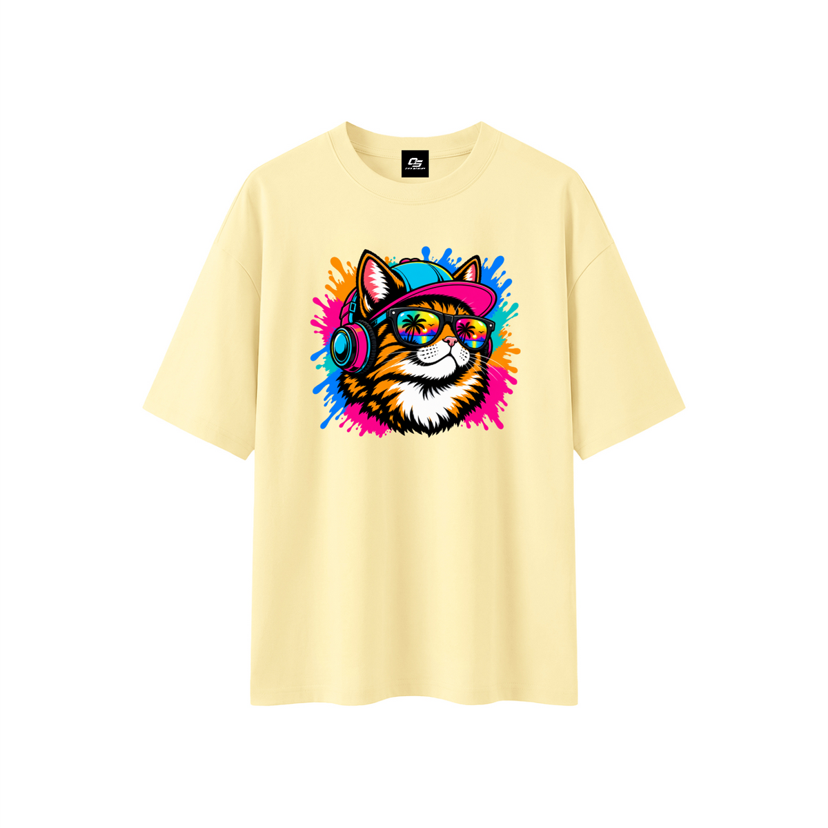 Cool Cat Sunset Headphones Unisex Boxy Oversized T-Shirt – Apricot
