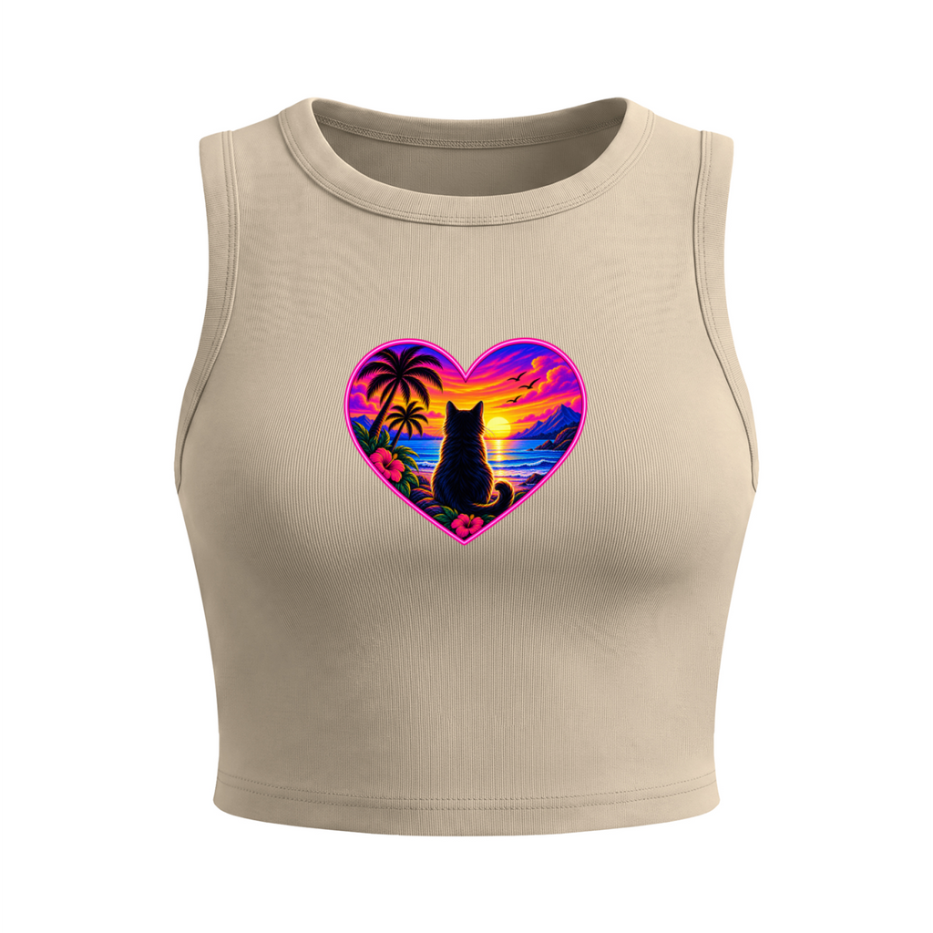 Tropical Sunset Cat Heart Women's Fitted Crop Tank Top - Khaki front mockup