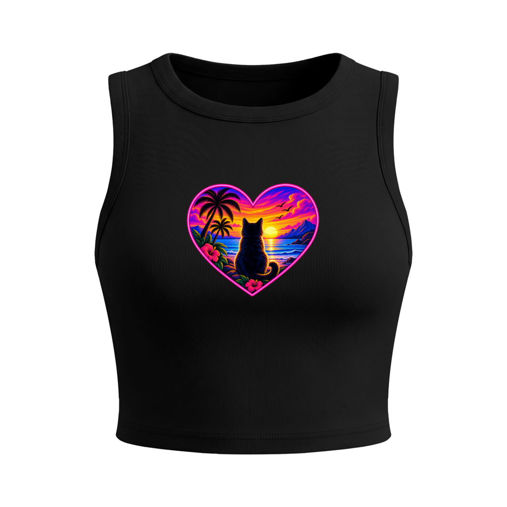 Tropical Sunset Cat Heart Women's Fitted Crop Tank Top - Black front mockup