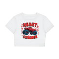 Heart Crusher women's fitted crop graphic T-shirt in Lucent White – front monster truck with red hearts