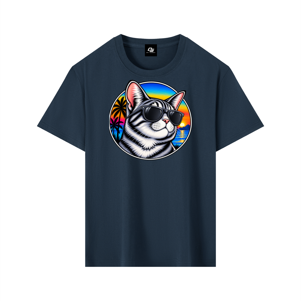 Cool Cat Sunset Pure Cotton Unisex T-Shirt – Navy Blue