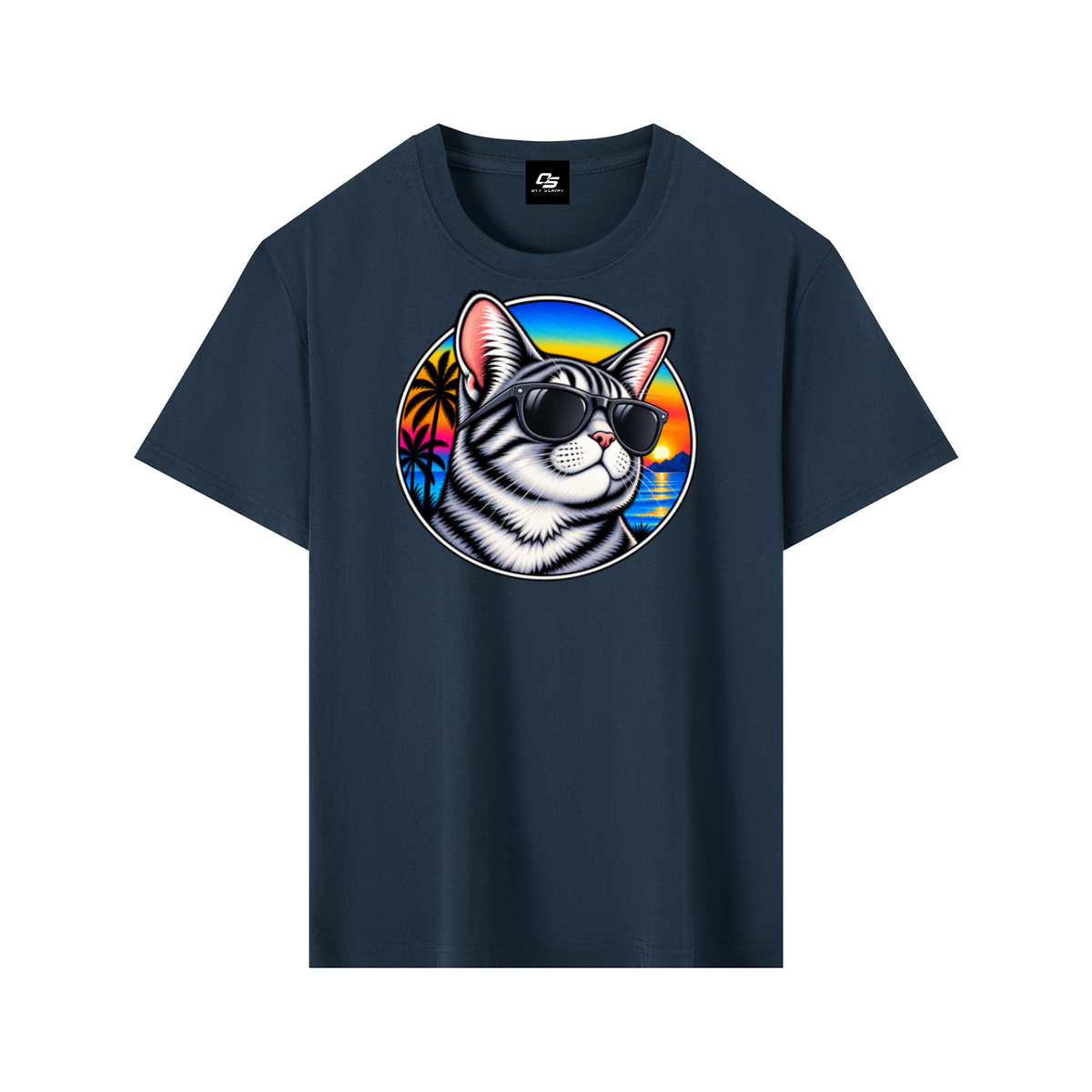 Cool Cat Sunset Pure Cotton Unisex T-Shirt – Navy Blue