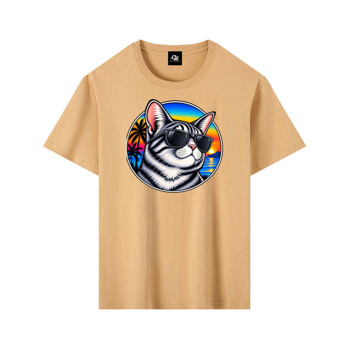 Cool Cat Tropical Sunset Pure Cotton Unisex T-Shirt – Khaki