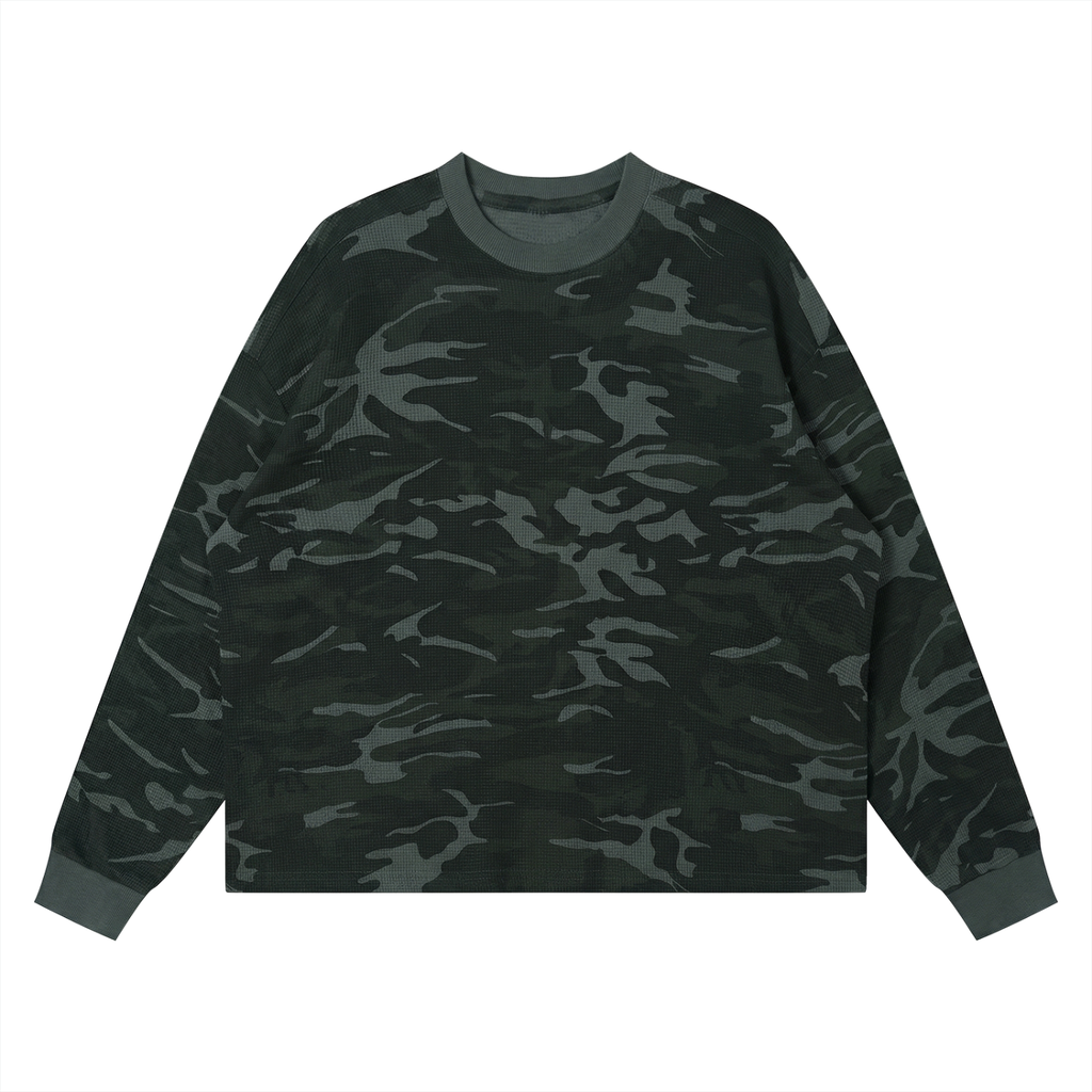 Off Script Waffle Boxy Long Sleeve T-Shirt - Gray Camo front view