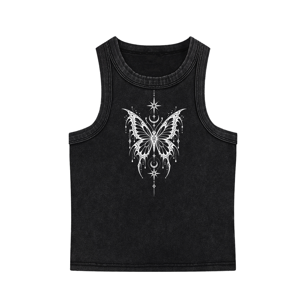 Celestial Butterfly Snow-Washed Women’s Tank Top - Black front