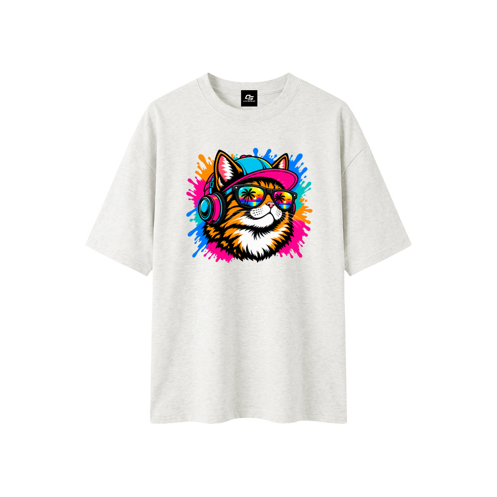 Cool Cat Sunset Headphones Unisex Boxy Oversized T-Shirt – Oat Gray