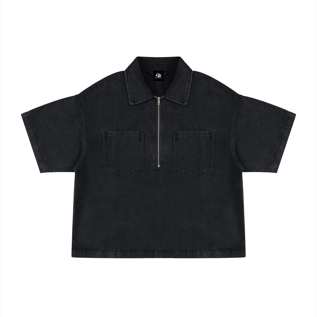 Unisex Vintage Wash Boxy Quarter-Zip Denim Shirt