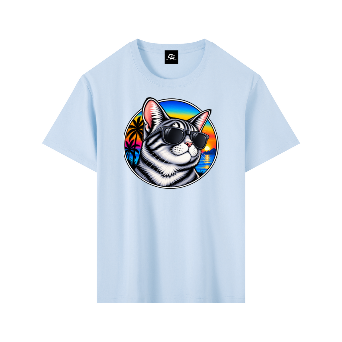 Cool Cat Tropical Sunset Pure Cotton Unisex T-Shirt – Sky Blue