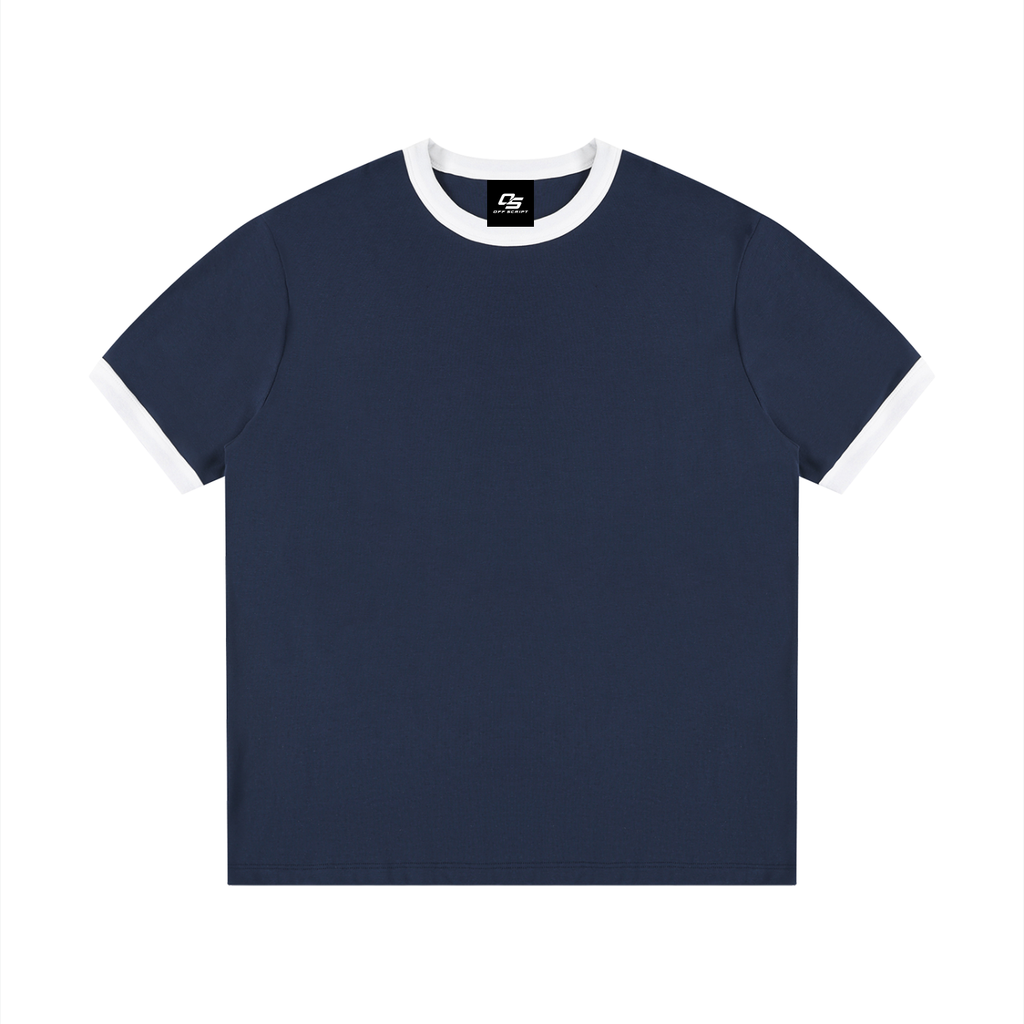 Royal Blue with White Unisex Contrast-Edge Ribbed Crewneck T-Shirt front view