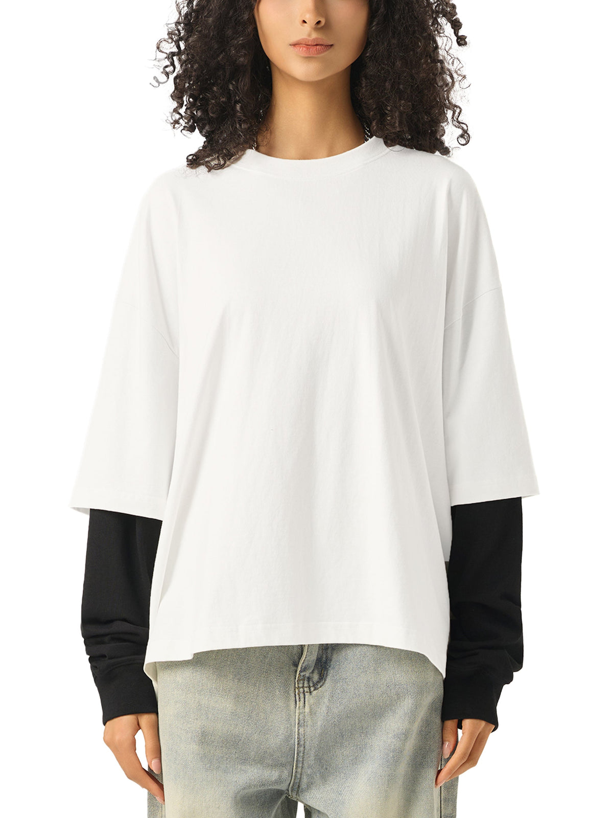 Unisex Layered Contrast-Sleeve Long-Sleeve T-Shirt gallery view