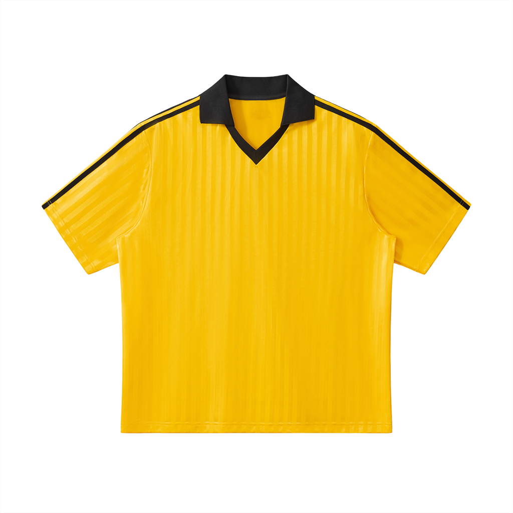 Yellow with Black Unisex Contrast-Collar Striped Soccer Jersey front view