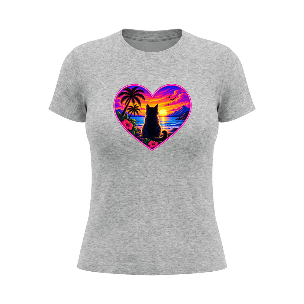 Women's Cat Sunset Heart Graphic T-Shirt - Flower Gray front mockup
