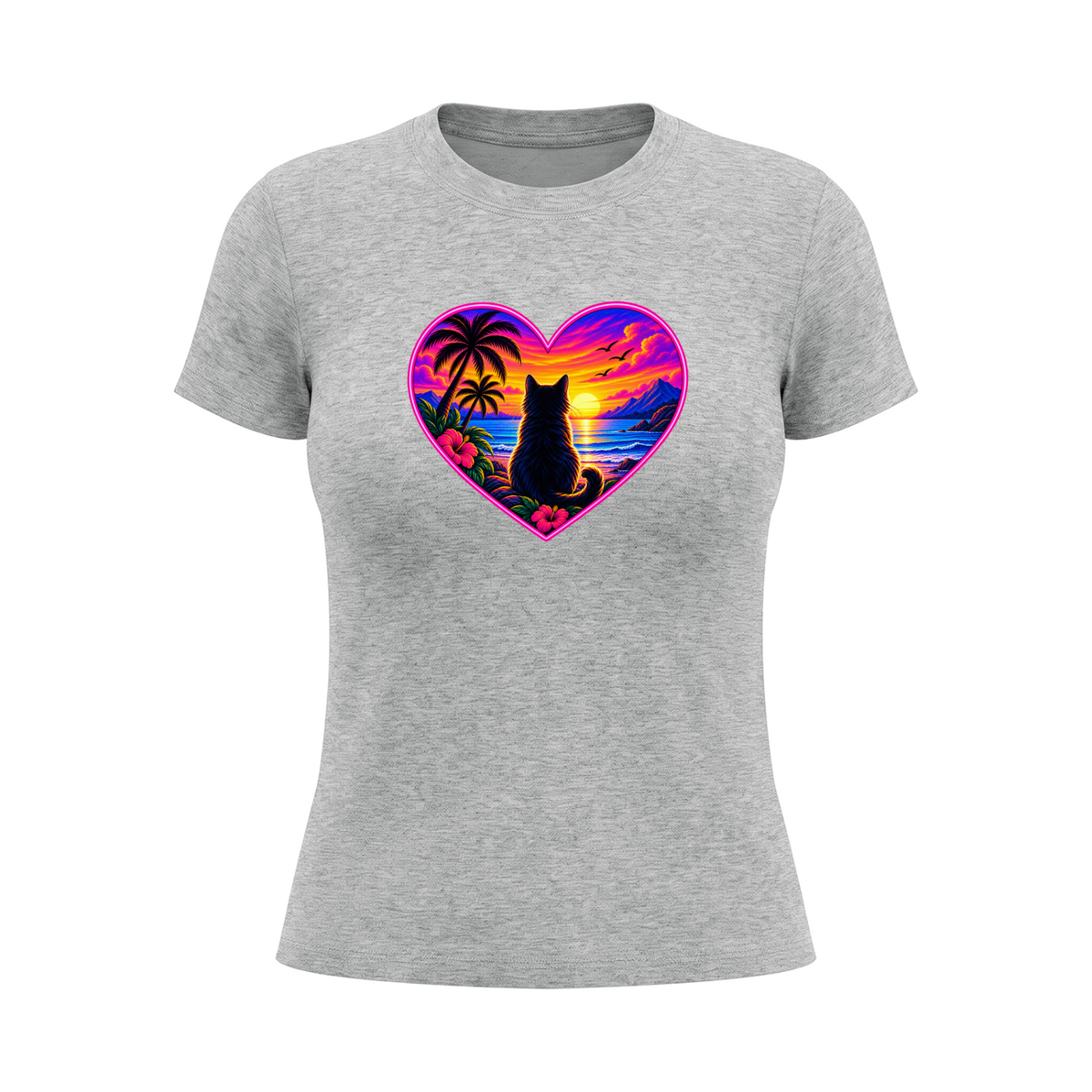 Women's Cat Sunset Heart Graphic T-Shirt - Flower Gray front mockup