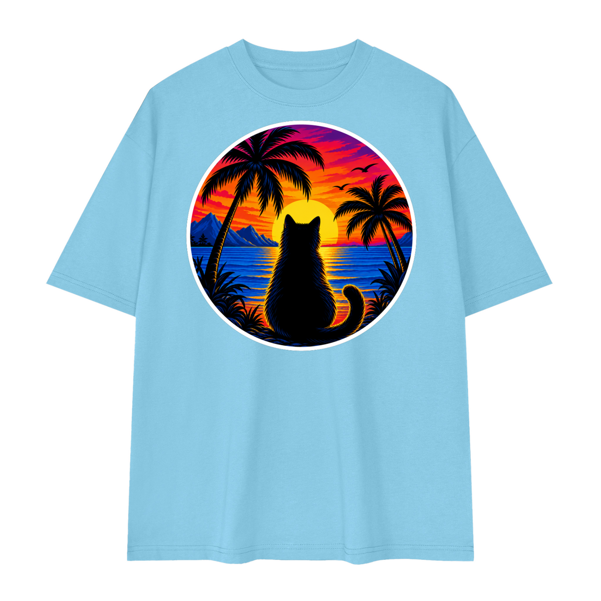 Tropical Sunset Cat Unisex Loose Drop Shoulder T-Shirt – Medium Blue