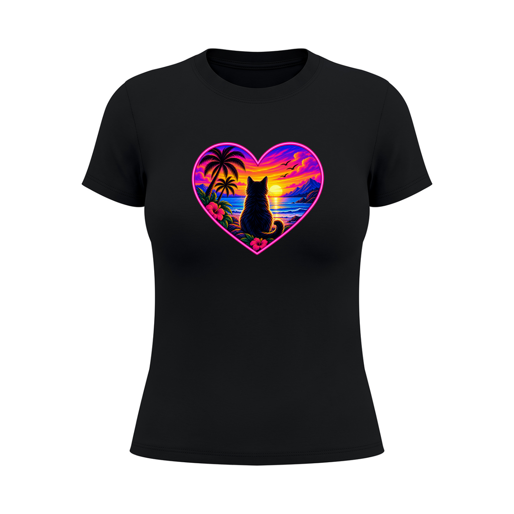 Women's Cat Sunset Heart Graphic T-Shirt - Black front mockup
