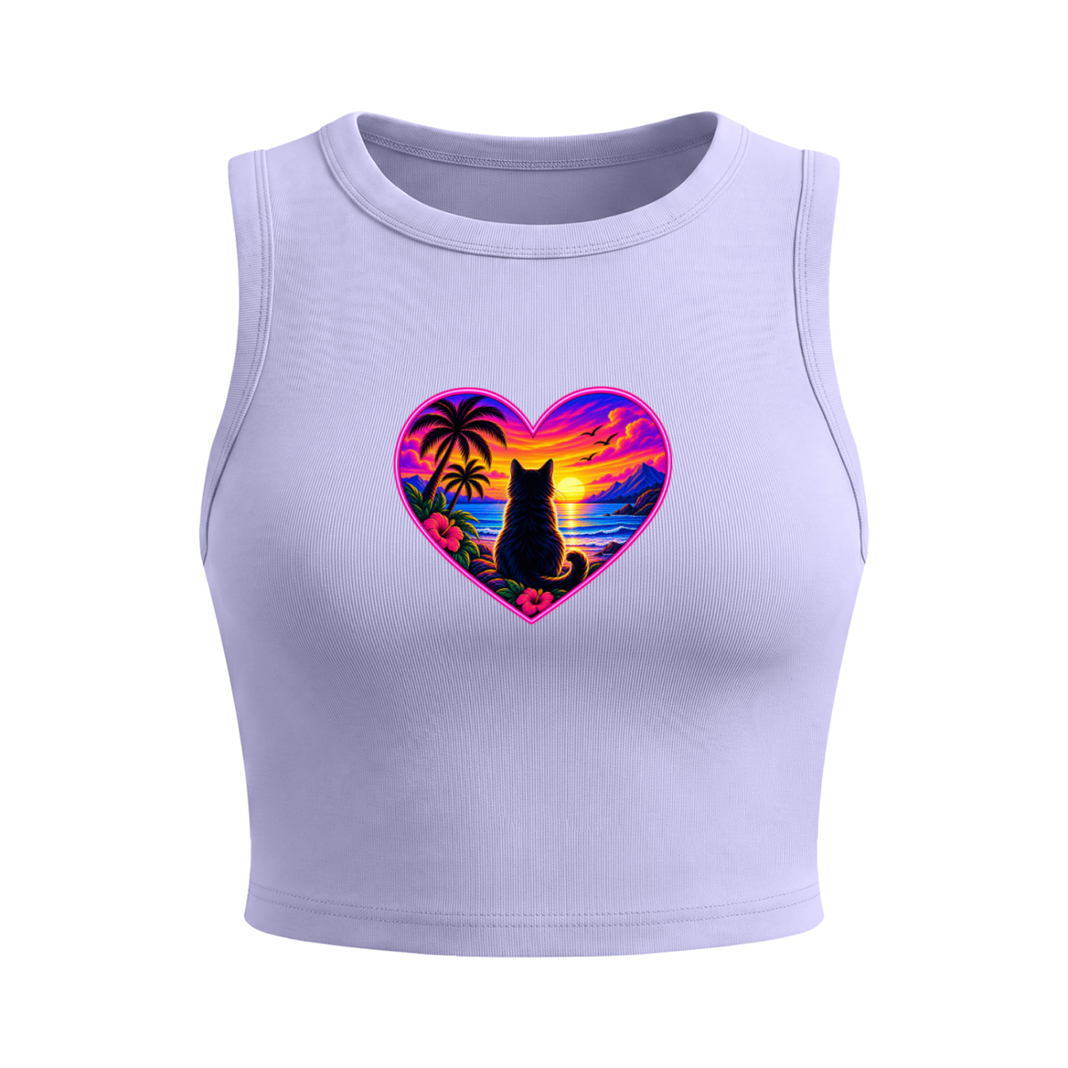 Tropical Sunset Cat Heart Women's Fitted Crop Tank Top - Light Purple front mockup