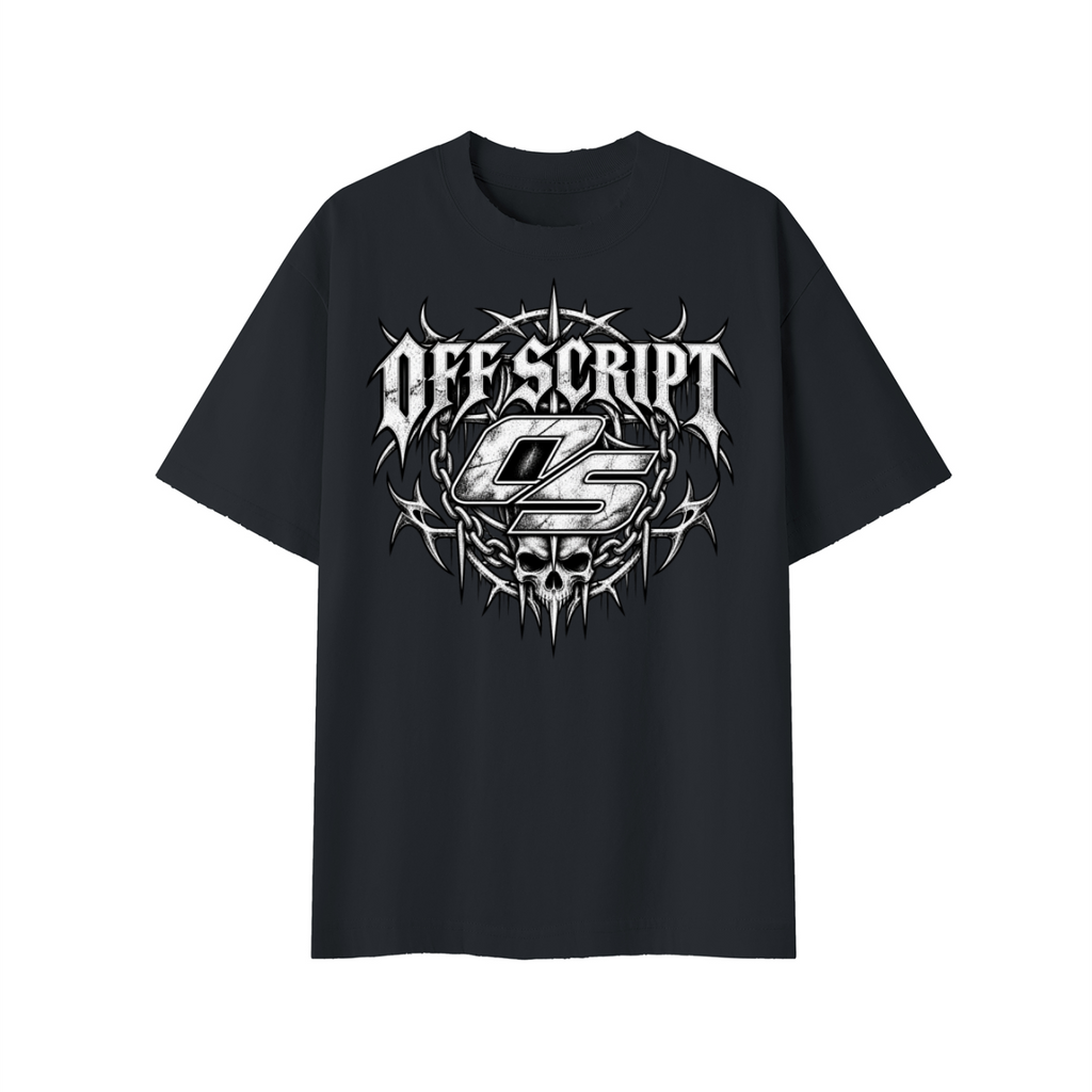 Off Script Gothic Skull Front-Print Vintage Wash Distressed T-Shirt