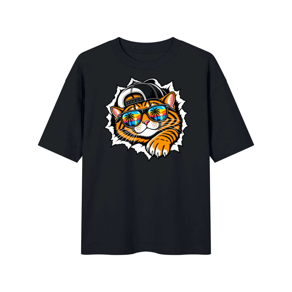 Cool Cat Sunset Sunglasses Unisex Drop Shoulder T-Shirt – Black