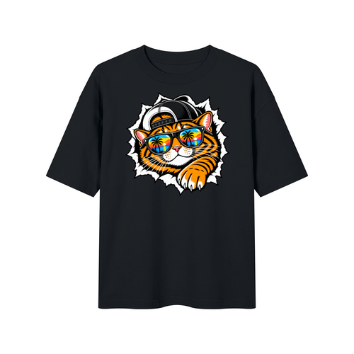 Cool Cat Sunset Sunglasses Unisex Drop Shoulder T-Shirt – Black