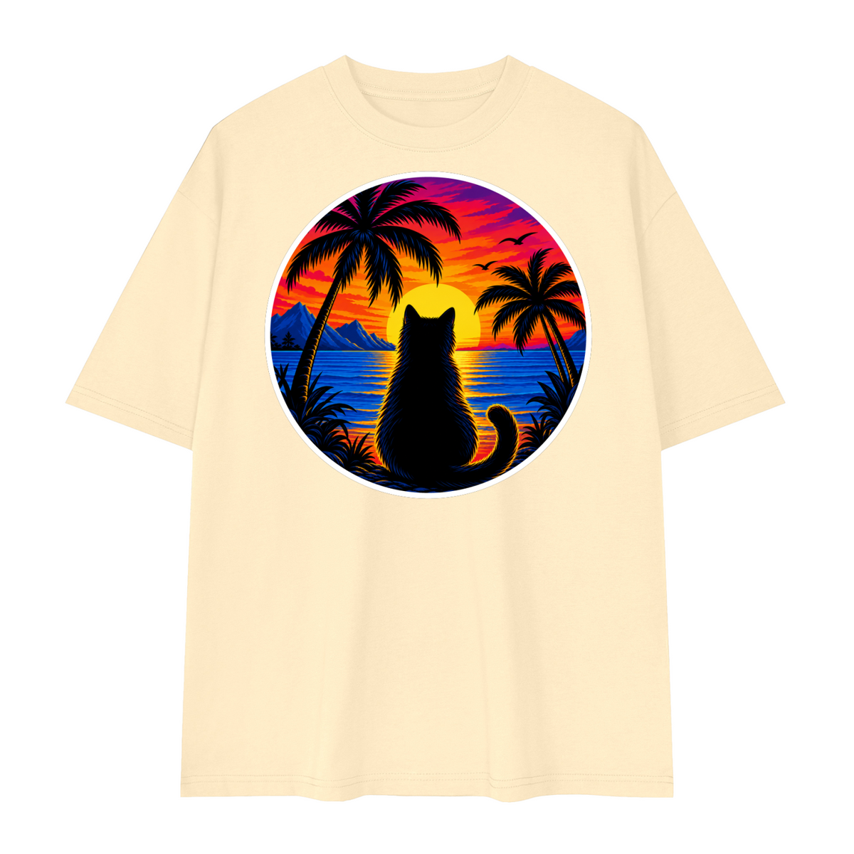 Tropical Sunset Cat Unisex Loose Drop Shoulder T-Shirt – Light Apricot