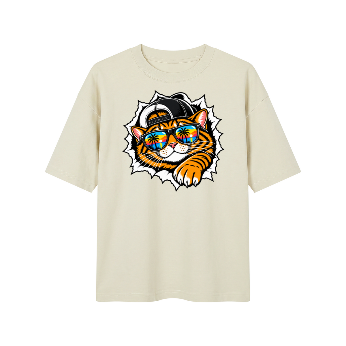 Cool Cat Sunset Sunglasses Unisex Drop Shoulder T-Shirt – Mild Apricot