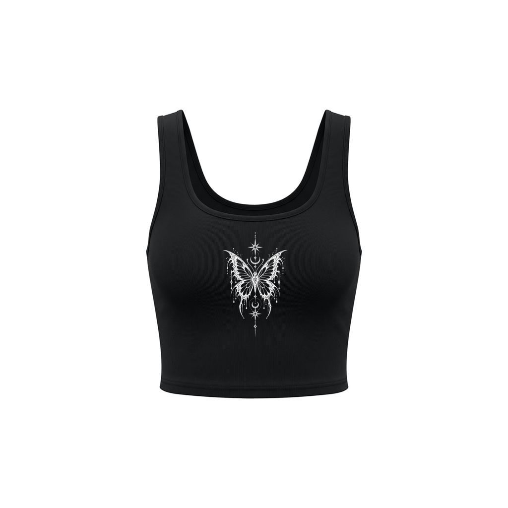 Celestial Butterfly Women’s Cropped Tank Top - Black front mockup