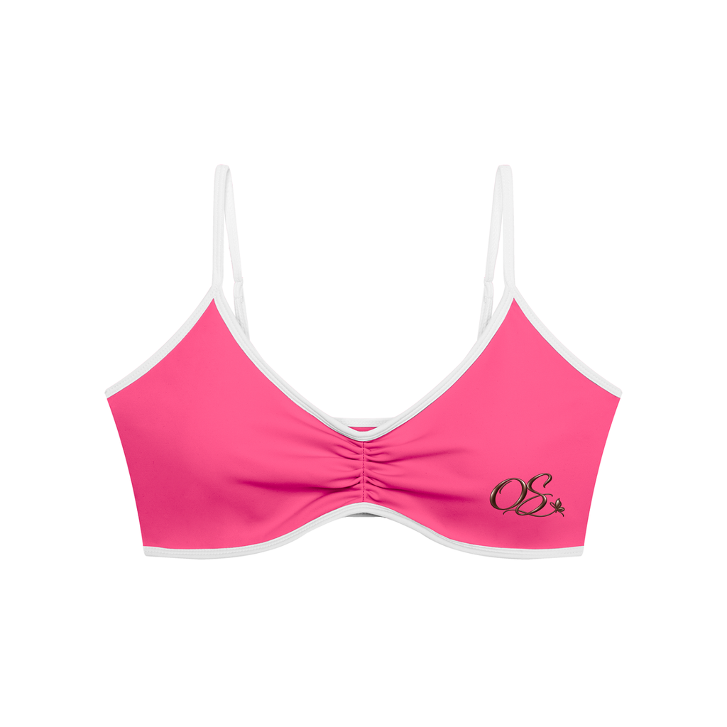 Off Script Women’s Colour-Block Ruched V-Neck Sports Bra - Rose Pink - front mockup