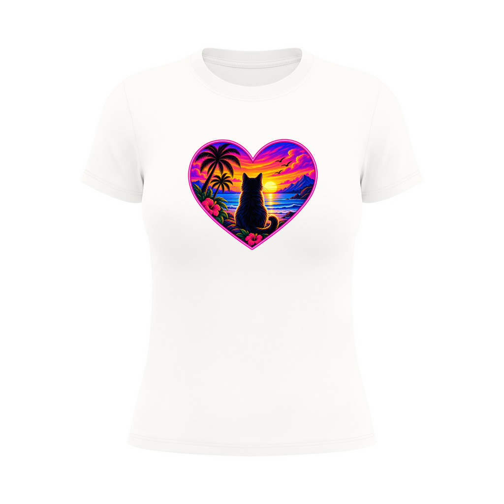 Women's Cat Sunset Heart Graphic T-Shirt - White front mockup